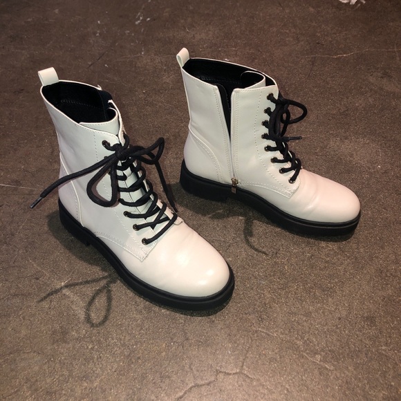 White Leather Lace Up Combat Boots - Picture 4 of 6